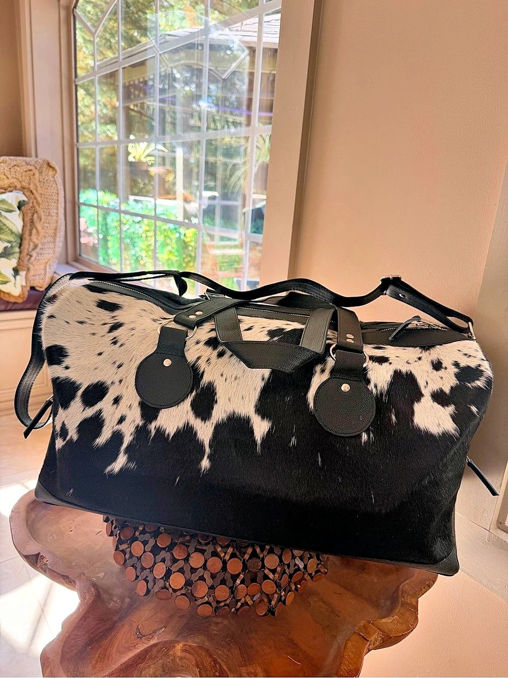 Western Genuine Grain Leather Hair on Hide Cowhide Travel Overnight Bag Duffel